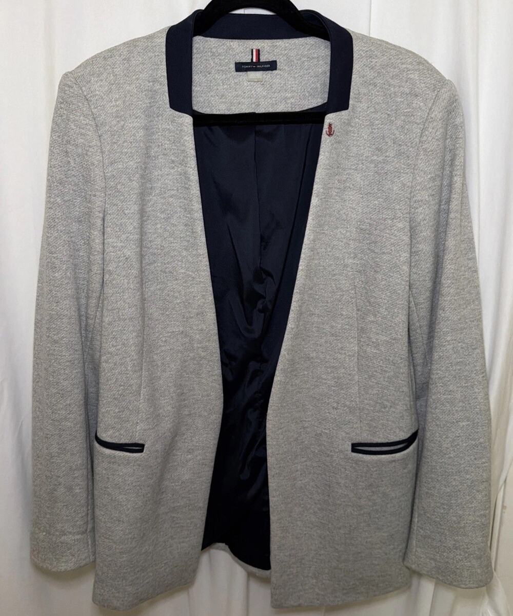 Tommy Hilfiger Womens Classic Gray Blazer Lined With Elbow Patches Size 14